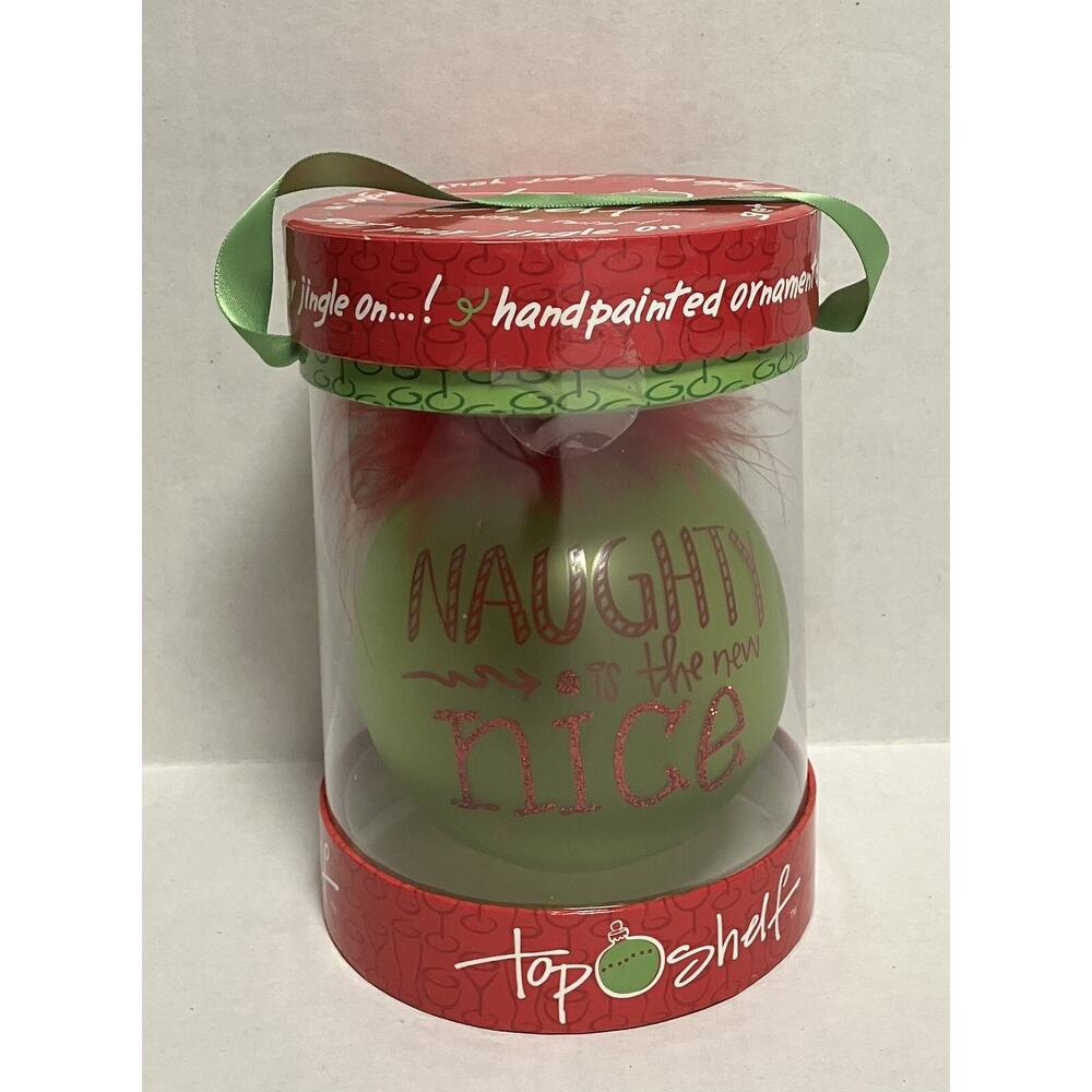 Top Shelf Handpainted Ornament Naughty is the New Nice Marabou Feather Boa Trim